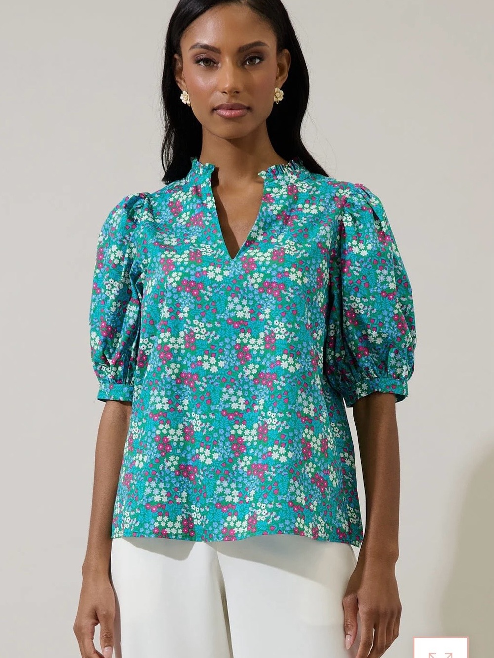 Sugarlips Karela Floral Puff-Sleeve V-Neck Top in Teal